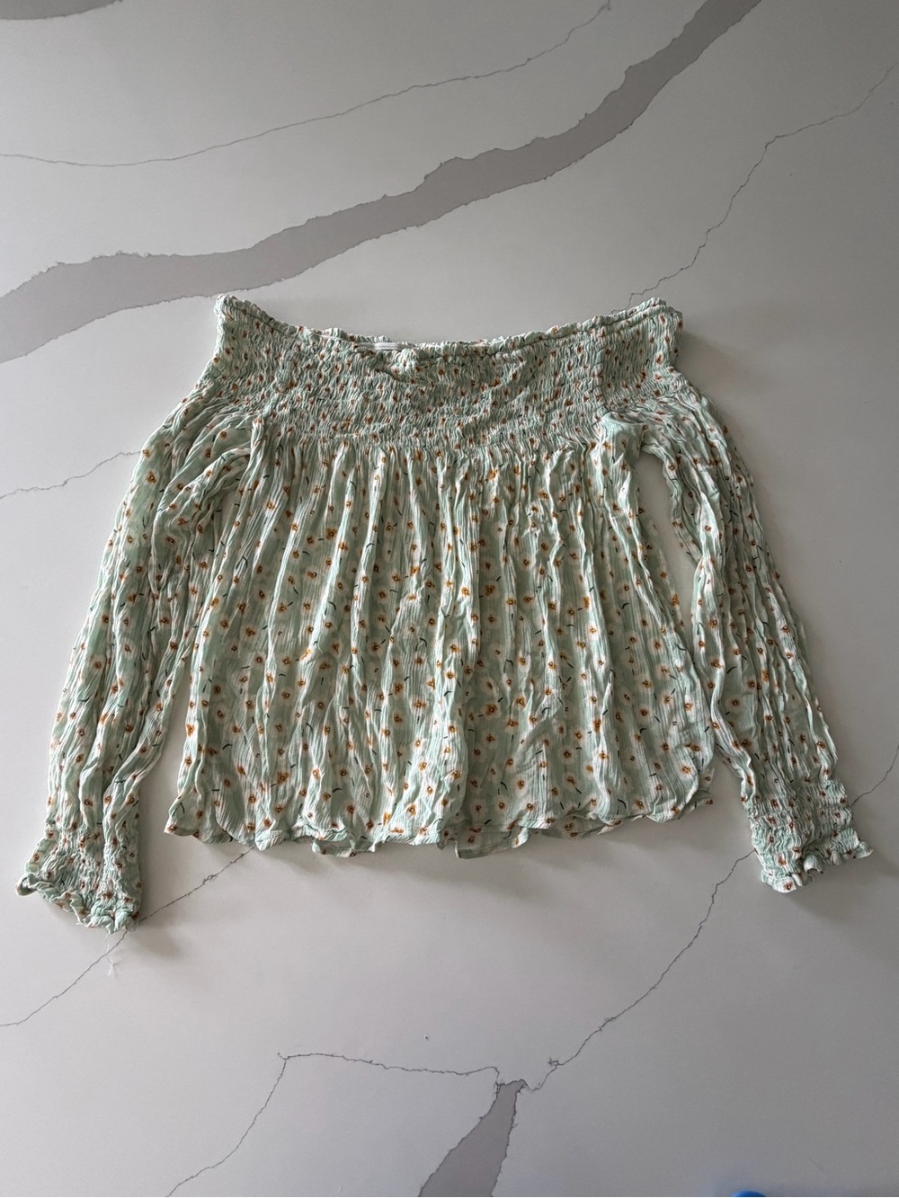 Rewind Mint Green Floral Smocked Off Shoulder Blouse | Women’s Small
